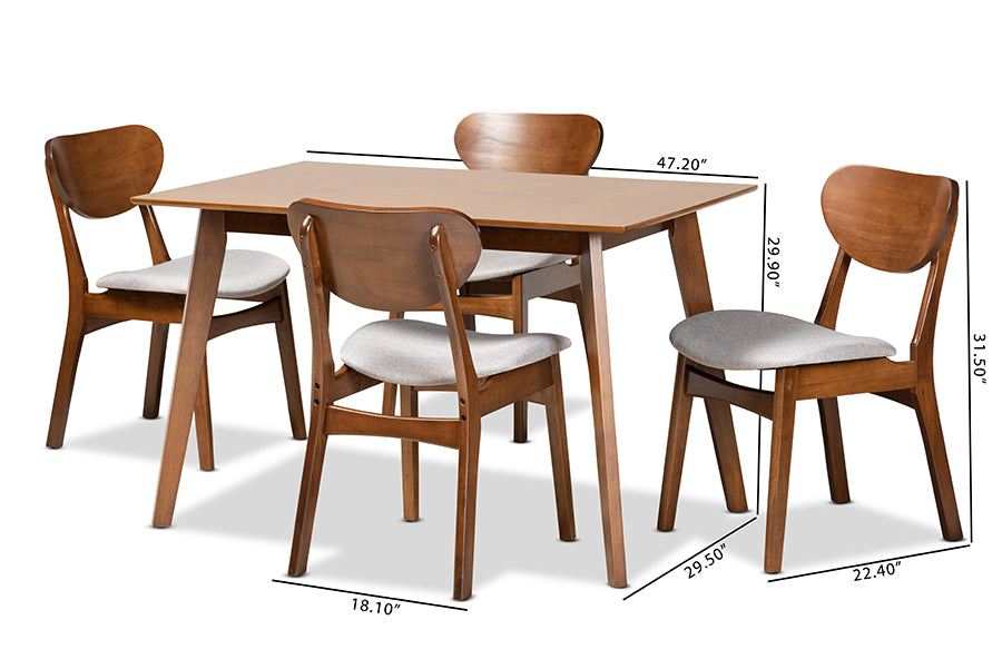 Baxton Studio Katya Mid-Century Modern Grey Fabric Upholstered and Walnut Brown Finished Wood 5-Piece Dining Set | Dining Sets | Modishstore - 4