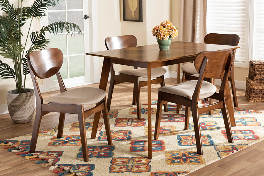 Baxton Studio Katya Mid-Century Modern Grey Fabric Upholstered and Walnut Brown Finished Wood 5-Piece Dining Set | Dining Sets | Modishstore - 9