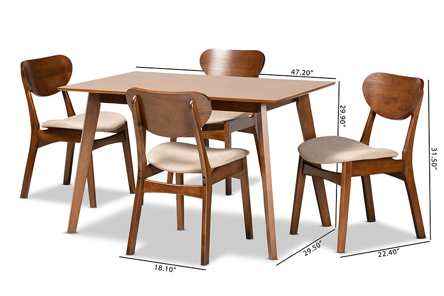 Baxton Studio Katya Mid-Century Modern Grey Fabric Upholstered and Walnut Brown Finished Wood 5-Piece Dining Set | Dining Sets | Modishstore - 12