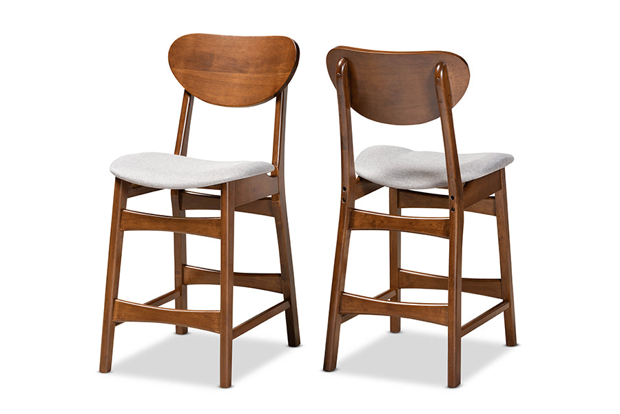 Baxton Studio Katya Mid-Century Modern Grey Fabric Upholstered and Walnut Brown Finished Wood 2-Piece Counter Stool Set | Counter Stools | Modishstore - 2