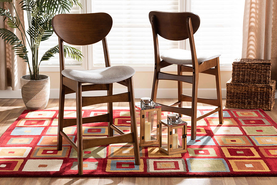 Baxton Studio Katya Mid-Century Modern Grey Fabric Upholstered and Walnut Brown Finished Wood 2-Piece Counter Stool Set | Counter Stools | Modishstore