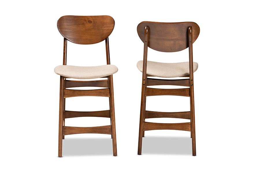 Baxton Studio Katya Mid-Century Modern Grey Fabric Upholstered and Walnut Brown Finished Wood 2-Piece Counter Stool Set | Counter Stools | Modishstore - 11
