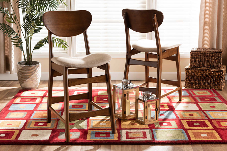 Baxton Studio Katya Mid-Century Modern Grey Fabric Upholstered and Walnut Brown Finished Wood 2-Piece Counter Stool Set | Counter Stools | Modishstore - 7