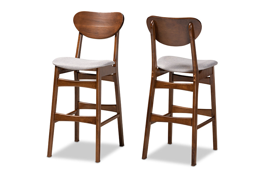 baxton studio katya mid century modern grey fabric upholstered and walnut brown finished wood 2 piece bar stool set | Modish Furniture Store-2