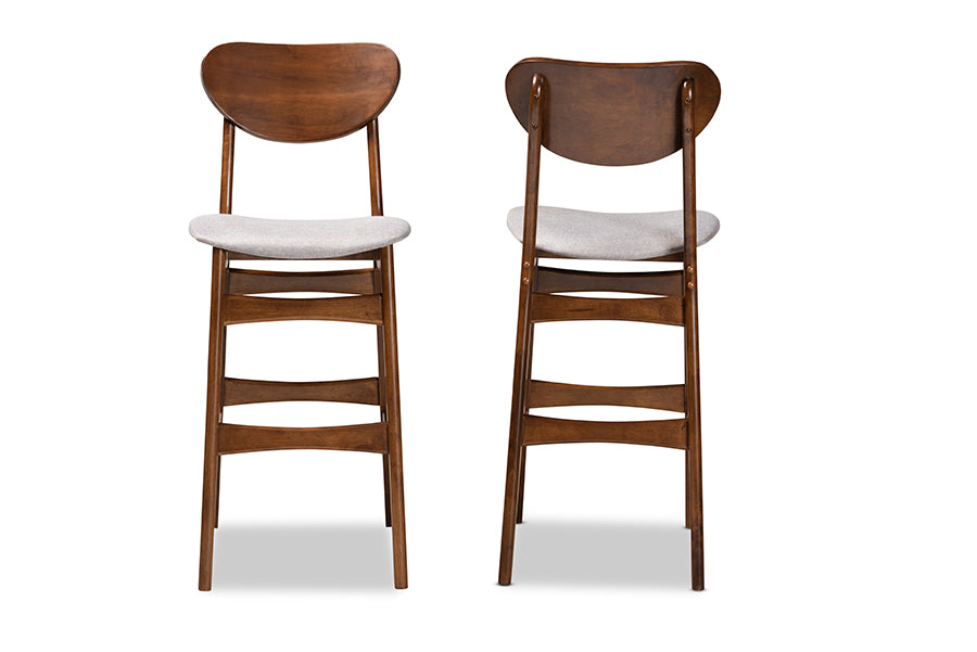 baxton studio katya mid century modern grey fabric upholstered and walnut brown finished wood 2 piece bar stool set | Modish Furniture Store-3