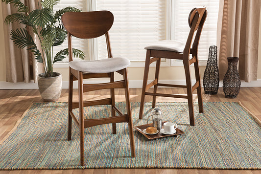 Baxton Studio Katya Mid-Century Modern Grey Fabric Upholstered and Walnut Brown Finished Wood 2-Piece Bar Stool Set | Modishstore | Bar Stools