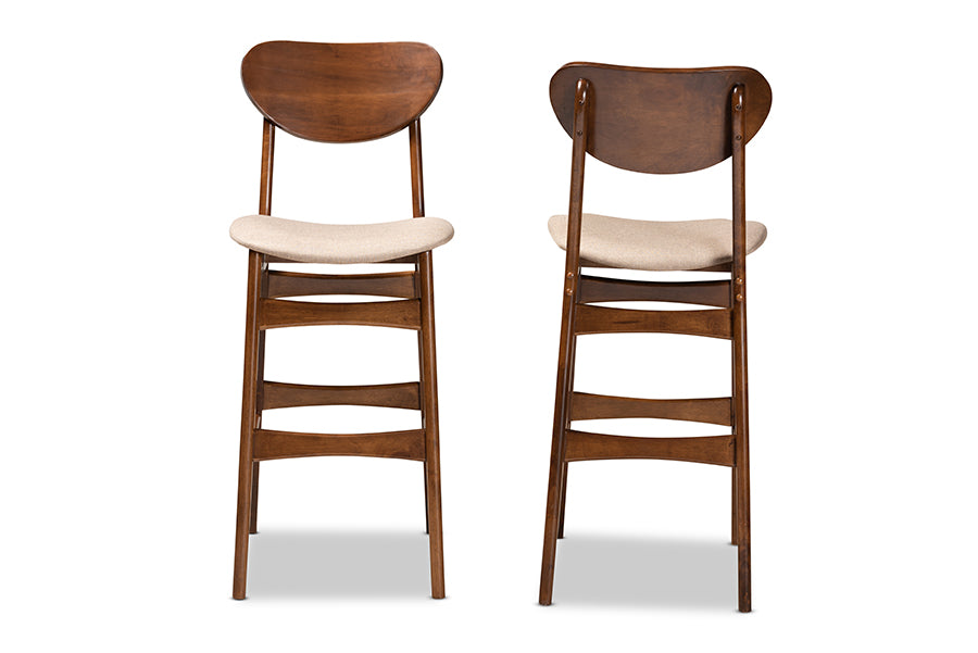 Baxton Studio Katya Mid-Century Modern Sand Fabric Upholstered and Walnut Brown Finished Wood 2-Piece Bar Stool Set | Bar Stools | Modishstore - 6