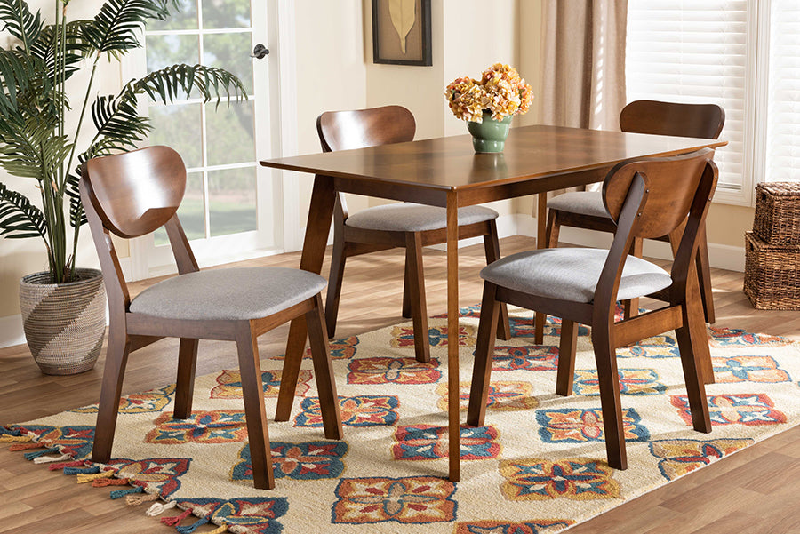 Baxton Studio Damara Mid-Century Modern Grey Fabric Upholstered and Walnut Brown Finished Wood 5-Piece Dining Set | Dining Sets | Modishstore