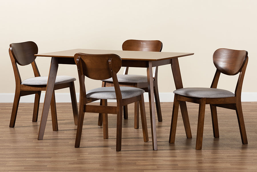 Baxton Studio Damara Mid-Century Modern Grey Fabric Upholstered and Walnut Brown Finished Wood 5-Piece Dining Set | Dining Sets | Modishstore - 2
