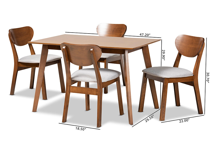 Baxton Studio Damara Mid-Century Modern Grey Fabric Upholstered and Walnut Brown Finished Wood 5-Piece Dining Set | Dining Sets | Modishstore - 4