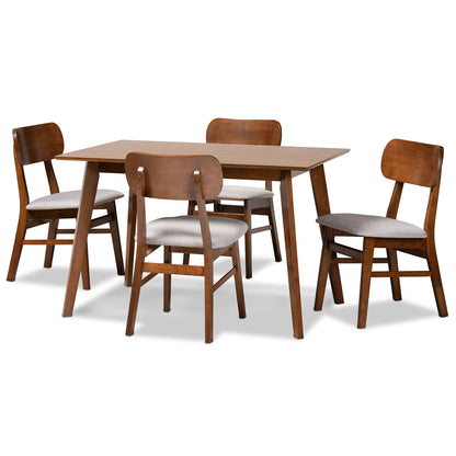 Baxton Studio Euclid Mid-Century Modern Grey Fabric Upholstered and Walnut Brown Finished Wood 5-Piece Dining Set | Dining Sets | Modishstore