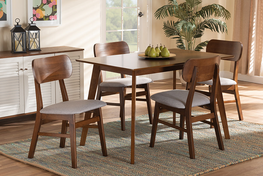 Baxton Studio Euclid Mid-Century Modern Grey Fabric Upholstered and Walnut Brown Finished Wood 5-Piece Dining Set | Dining Sets | Modishstore - 2