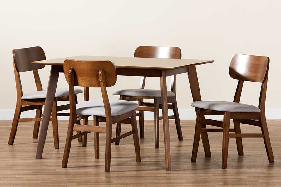 Baxton Studio Euclid Mid-Century Modern Grey Fabric Upholstered and Walnut Brown Finished Wood 5-Piece Dining Set | Dining Sets | Modishstore - 3