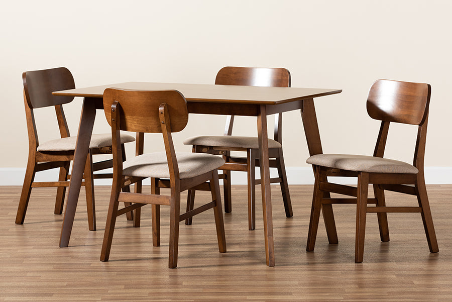 Baxton Studio Euclid Mid-Century Modern Grey Fabric Upholstered and Walnut Brown Finished Wood 5-Piece Dining Set | Dining Sets | Modishstore - 11