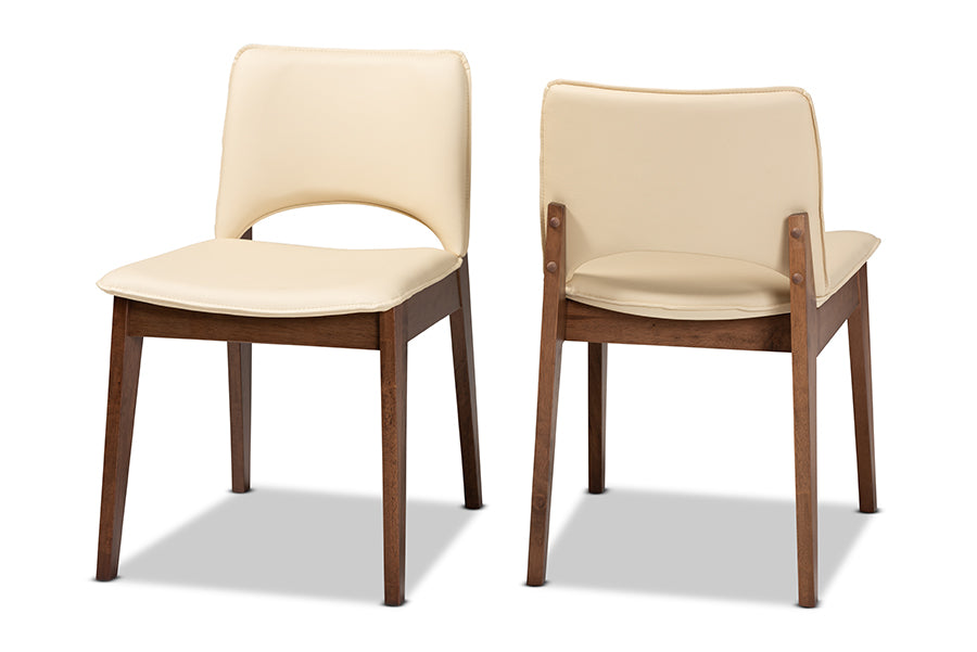 Baxton Studio Afton Mid-Century Modern Beige Faux Leather Upholstered and Walnut Brown Finished Wood 2-Piece Dining Chair Set | Modishstore | Dining Chairs - 4