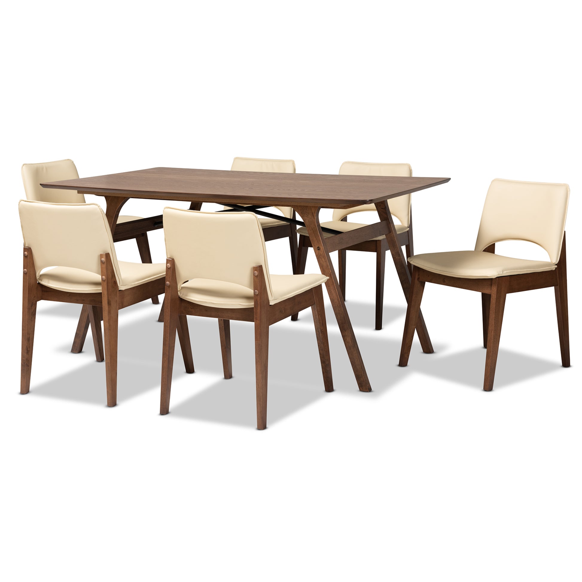 Baxton Studio Afton Mid-Century Modern Beige Faux Leather Upholstered and Walnut Brown Finished Wood 7-Piece Dining Set | Dining Sets | Modishstore - 2