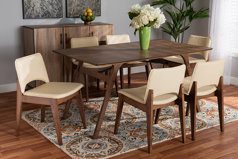Baxton Studio Afton Mid-Century Modern Beige Faux Leather Upholstered and Walnut Brown Finished Wood 7-Piece Dining Set | Dining Sets | Modishstore