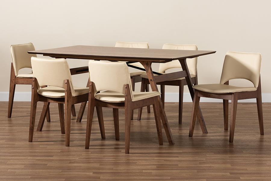 Baxton Studio Afton Mid-Century Modern Beige Faux Leather Upholstered and Walnut Brown Finished Wood 7-Piece Dining Set | Dining Sets | Modishstore - 3