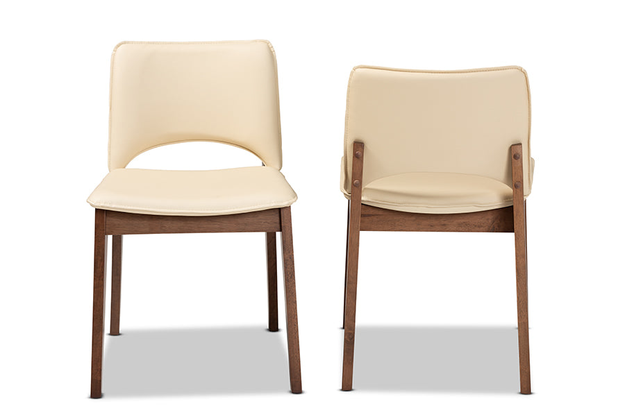 Baxton Studio Afton Mid-Century Modern Beige Faux Leather Upholstered and Walnut Brown Finished Wood 2-Piece Dining Chair Set | Modishstore | Dining Chairs - 3
