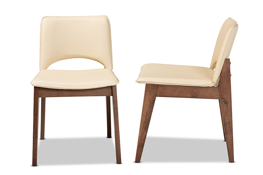 Baxton Studio Afton Mid-Century Modern Beige Faux Leather Upholstered and Walnut Brown Finished Wood 2-Piece Dining Chair Set | Modishstore | Dining Chairs - 2