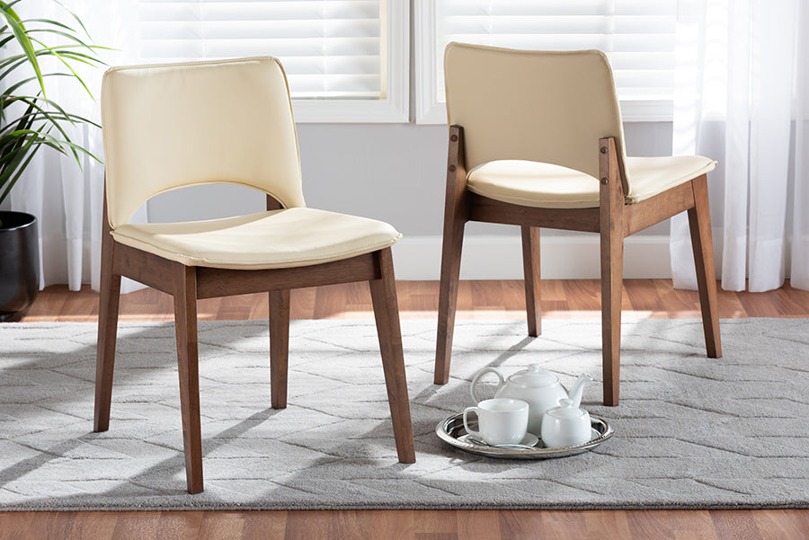 Baxton Studio Afton Mid-Century Modern Beige Faux Leather Upholstered and Walnut Brown Finished Wood 2-Piece Dining Chair Set | Modishstore | Dining Chairs - 5