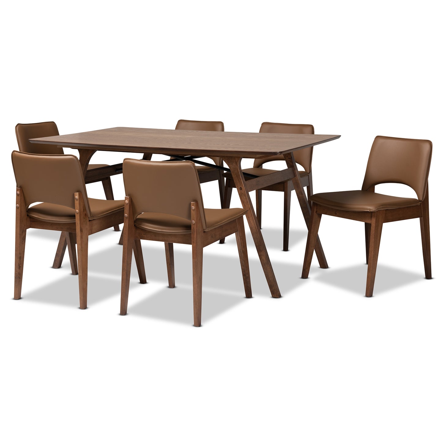 Baxton Studio Afton Mid-Century Modern Brown Faux Leather Upholstered and Walnut Brown Finished Wood 7-Piece Dining Set | Dining Sets | Modishstore - 2