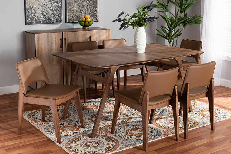 Baxton Studio Afton Mid-Century Modern Brown Faux Leather Upholstered and Walnut Brown Finished Wood 7-Piece Dining Set | Dining Sets | Modishstore