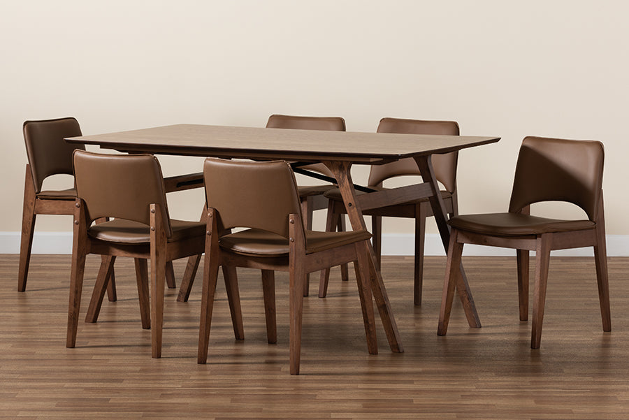 Baxton Studio Afton Mid-Century Modern Brown Faux Leather Upholstered and Walnut Brown Finished Wood 7-Piece Dining Set | Dining Sets | Modishstore - 3