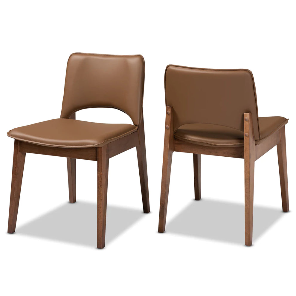 Baxton Studio Afton Mid-Century Modern Brown Faux Leather Upholstered and Walnut Brown Finished Wood 2-Piece Dining Chair Set | Dining Chairs | Modishstore - 2