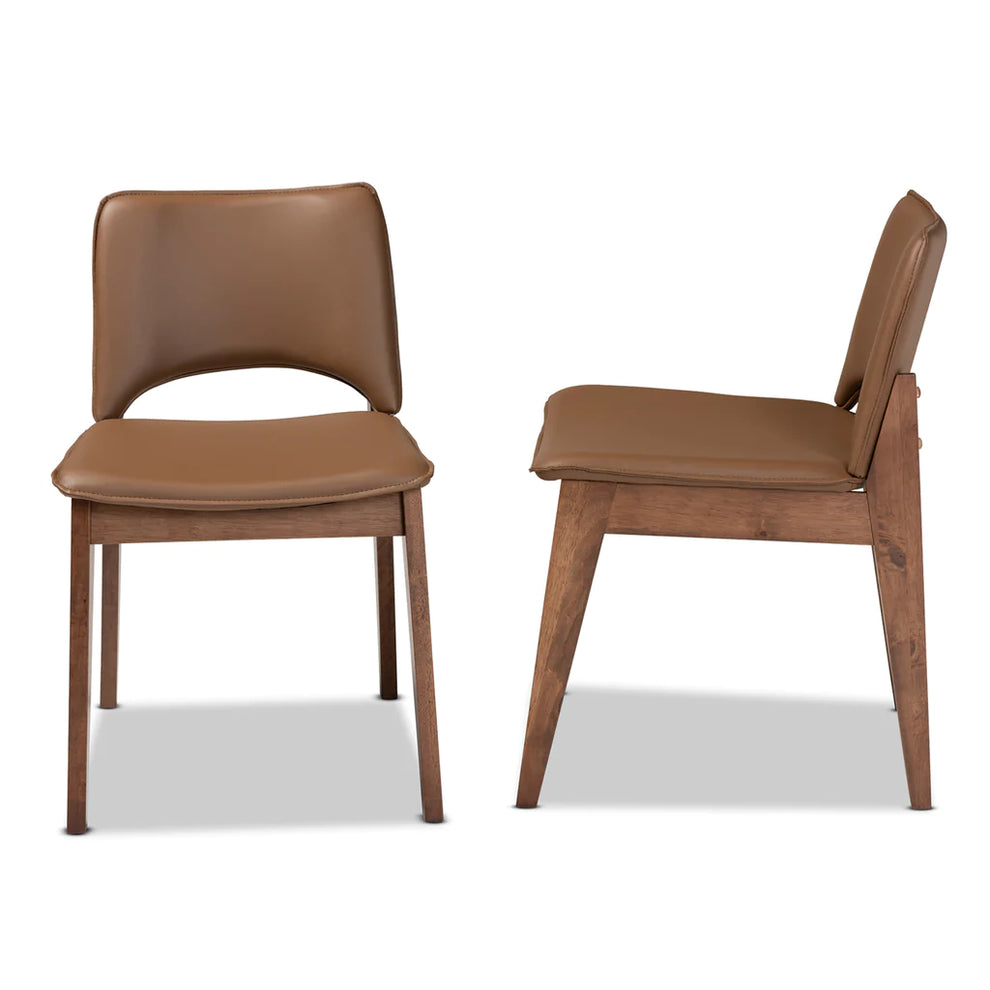 Baxton Studio Afton Mid-Century Modern Brown Faux Leather Upholstered and Walnut Brown Finished Wood 2-Piece Dining Chair Set | Dining Chairs | Modishstore - 4