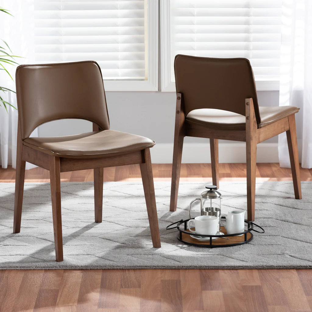 Baxton Studio Afton Mid-Century Modern Brown Faux Leather Upholstered and Walnut Brown Finished Wood 2-Piece Dining Chair Set | Dining Chairs | Modishstore