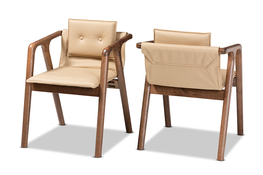 Baxton Studio Marcena Mid-Century Modern Beige Imitation Leather Upholstered and Walnut Brown Finished Wood 2-Piece Dining Chair Set | Modishstore | Dining Chairs - 4