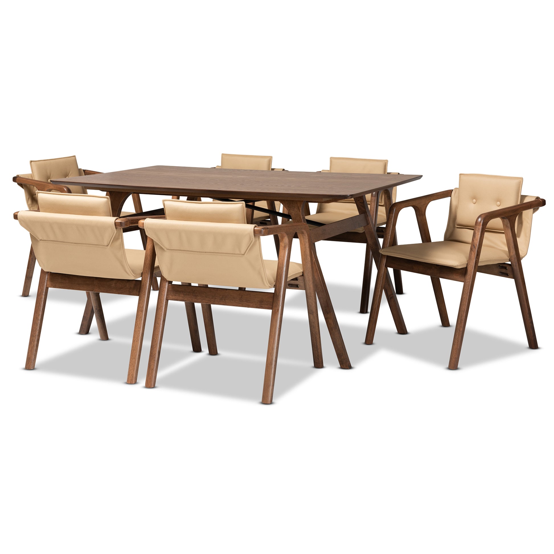 Baxton Studio Marcena Mid-Century Modern Beige Imitation Leather Upholstered and Walnut Brown Finished Wood 7-Piece Dining Set | Dining Sets | Modishstore - 2