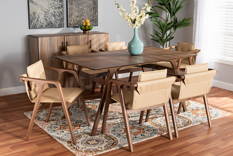 Baxton Studio Marcena Mid-Century Modern Beige Imitation Leather Upholstered and Walnut Brown Finished Wood 7-Piece Dining Set | Dining Sets | Modishstore
