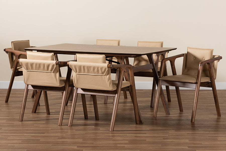 Baxton Studio Marcena Mid-Century Modern Beige Imitation Leather Upholstered and Walnut Brown Finished Wood 7-Piece Dining Set | Dining Sets | Modishstore - 3