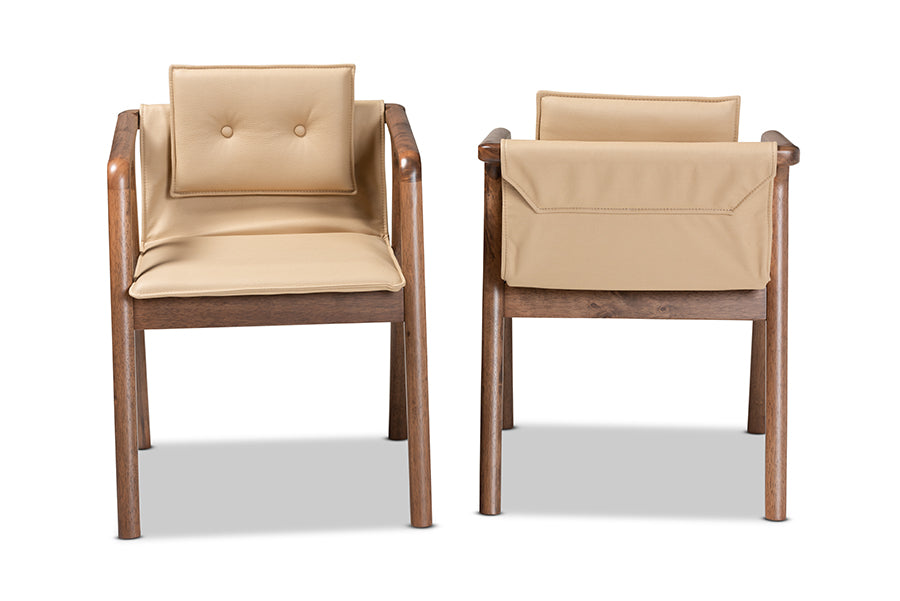 Baxton Studio Marcena Mid-Century Modern Beige Imitation Leather Upholstered and Walnut Brown Finished Wood 2-Piece Dining Chair Set | Modishstore | Dining Chairs - 3