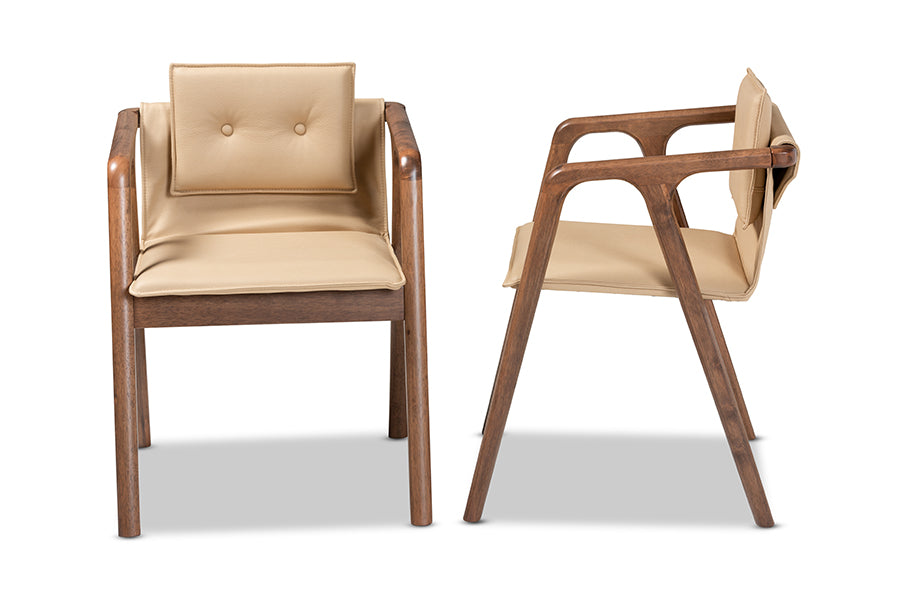 Baxton Studio Marcena Mid-Century Modern Beige Imitation Leather Upholstered and Walnut Brown Finished Wood 2-Piece Dining Chair Set | Modishstore | Dining Chairs - 2