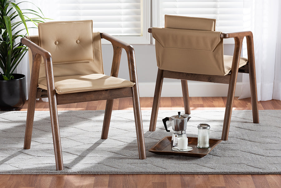 Baxton Studio Marcena Mid-Century Modern Beige Imitation Leather Upholstered and Walnut Brown Finished Wood 2-Piece Dining Chair Set | Modishstore | Dining Chairs