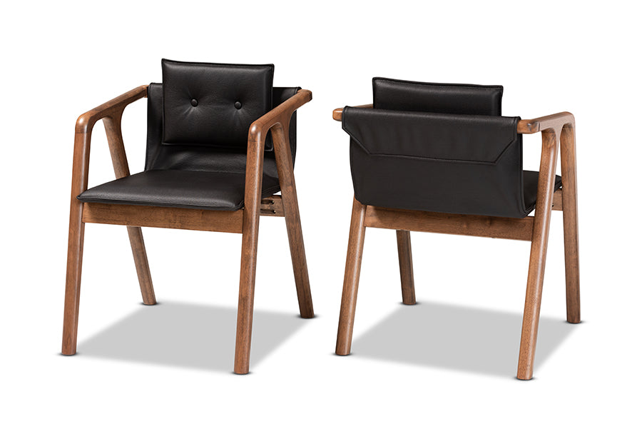 Baxton Studio Marcena Mid-Century Modern Black Imitation Leather Upholstered and Walnut Brown Finished Wood 2-Piece Dining Chair Set | Modishstore | Dining Chairs - 4