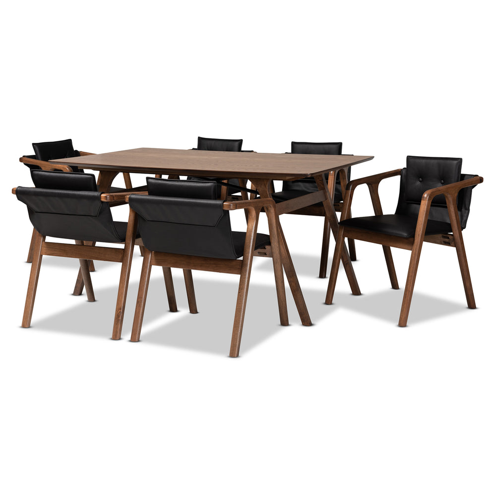 Baxton Studio Marcena Mid-Century Modern Black Imitation Leather Upholstered and Walnut Brown Finished Wood 7-Piece Dining Set | Dining Sets | Modishstore - 2