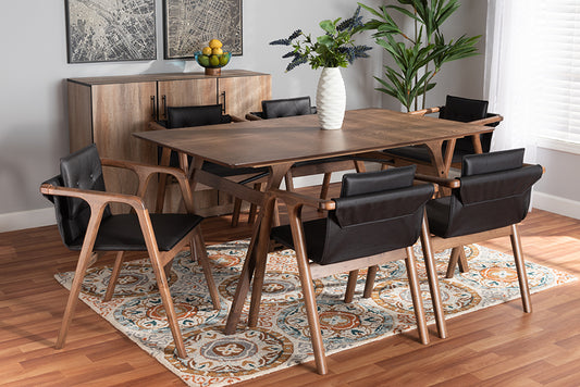 Baxton Studio Marcena Mid-Century Modern Black Imitation Leather Upholstered and Walnut Brown Finished Wood 7-Piece Dining Set | Dining Sets | Modishstore