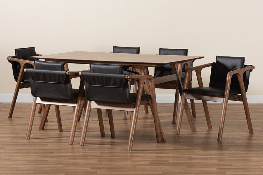 Baxton Studio Marcena Mid-Century Modern Black Imitation Leather Upholstered and Walnut Brown Finished Wood 7-Piece Dining Set | Dining Sets | Modishstore - 3