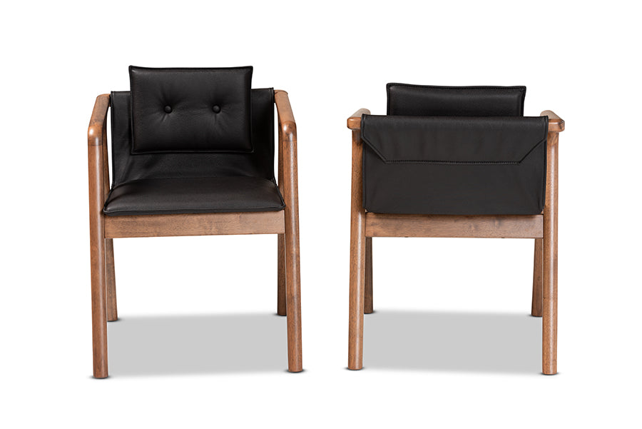 Baxton Studio Marcena Mid-Century Modern Black Imitation Leather Upholstered and Walnut Brown Finished Wood 2-Piece Dining Chair Set | Modishstore | Dining Chairs - 3