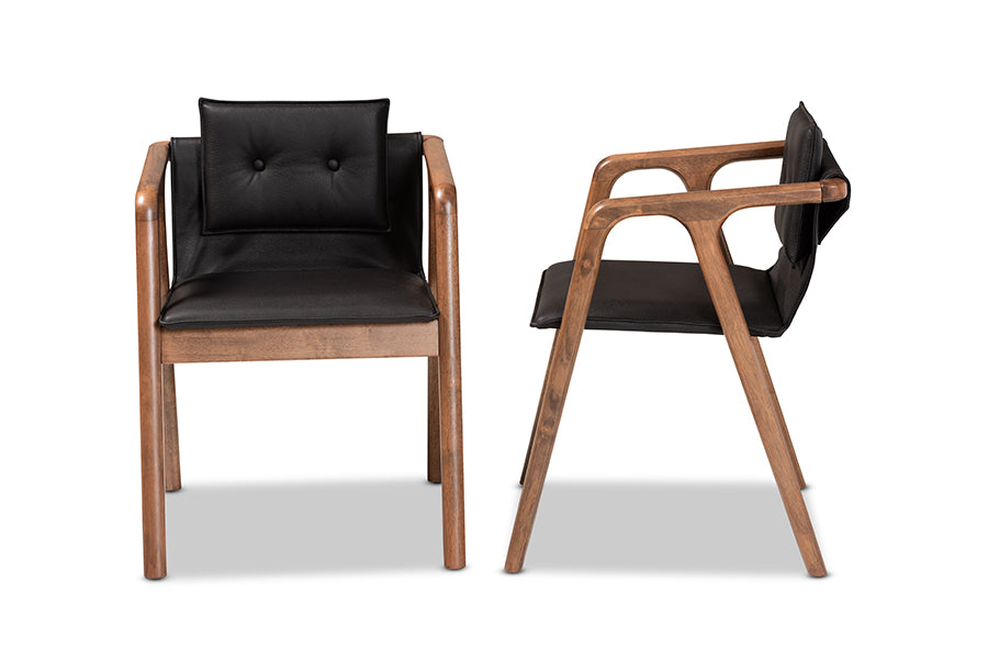 Baxton Studio Marcena Mid-Century Modern Black Imitation Leather Upholstered and Walnut Brown Finished Wood 2-Piece Dining Chair Set | Modishstore | Dining Chairs - 2