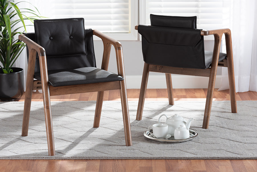 Baxton Studio Marcena Mid-Century Modern Black Imitation Leather Upholstered and Walnut Brown Finished Wood 2-Piece Dining Chair Set | Modishstore | Dining Chairs