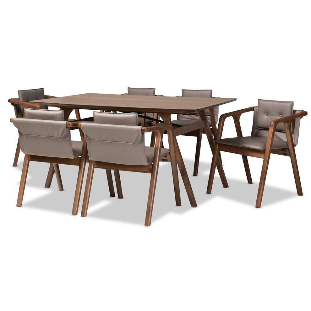 Baxton Studio Marcena Mid-Century Modern Grey Imitation Leather Upholstered and Walnut Brown Finished Wood 7-Piece Dining Set | Dining Sets | Modishstore - 2