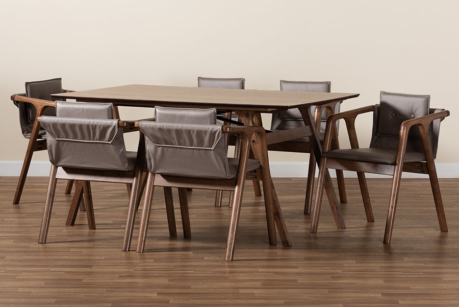 Baxton Studio Marcena Mid-Century Modern Grey Imitation Leather Upholstered and Walnut Brown Finished Wood 7-Piece Dining Set | Dining Sets | Modishstore - 3