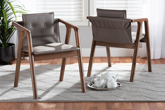 Baxton Studio Marcena Mid-Century Modern Grey Imitation Leather Upholstered and Walnut Brown Finished Wood 2-Piece Dining Chair Set | Modishstore | Dining Chairs