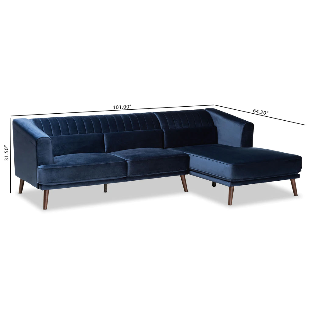 Baxton Studio Morton Mid-Century Modern Contemporary Navy Blue Velvet Fabric Upholstered and Dark Brown Finished Wood Sectional Sofa with Right Facing Chaise | Sofas | Modishstore - 3