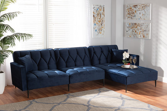 Baxton Studio Galena Contemporary Glam and Luxe Navy Blue Velvet Fabric Upholstered and Black Metal Sectional Sofa with Right Facing Chaise | Modishstore | Sofas